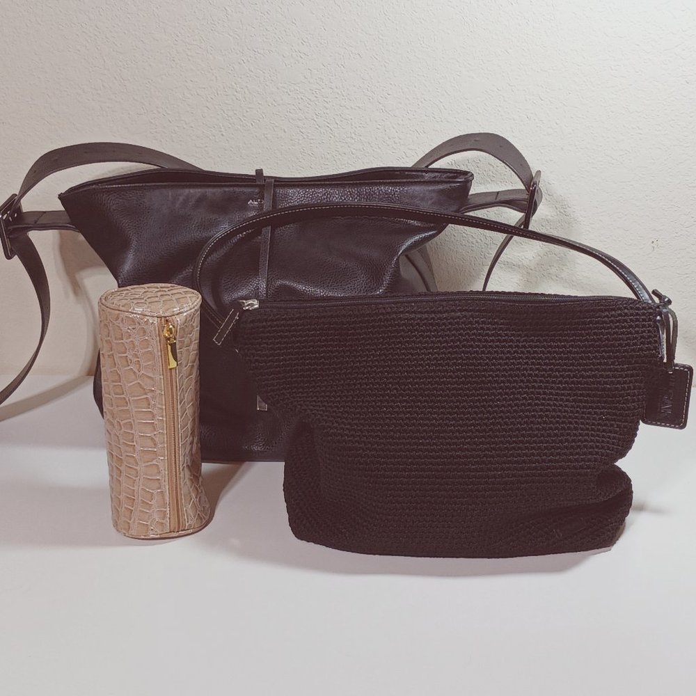 THE SAK Black Crochet handbag w/an ALDO Black faux leather Hobo & makeup pouch